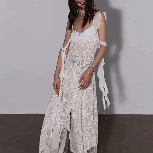 Load image into Gallery viewer, Women Beige Burr Perspective Sequins Irregular Long Spaghetti Strap Dress New Fashion Tide Spring Autumn 2025 1DH4725
