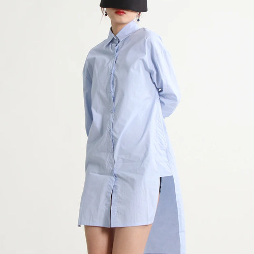 Load image into Gallery viewer, Minimalist Shirts For Women Lapel Long Sleeve Patchwork Single Breasted Split Casual Loose Blouse Female Summer
