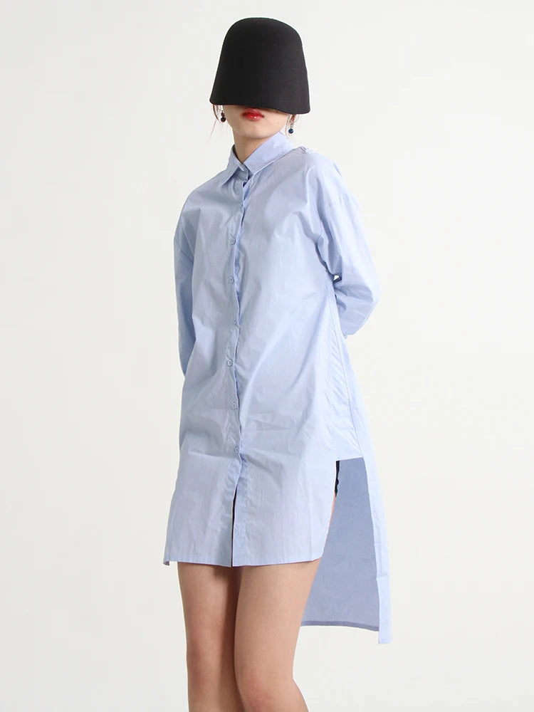 Minimalist Shirts For Women Lapel Long Sleeve Patchwork Single Breasted Split Casual Loose Blouse Female Summer