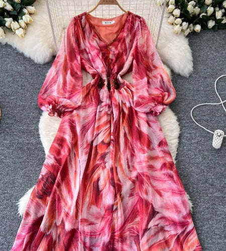 French Women Print Sequin Evening Party Dress Autumn V Neck Elegant Lantern Long Sleeved Temperament Pleated Dress Bohemian Chic