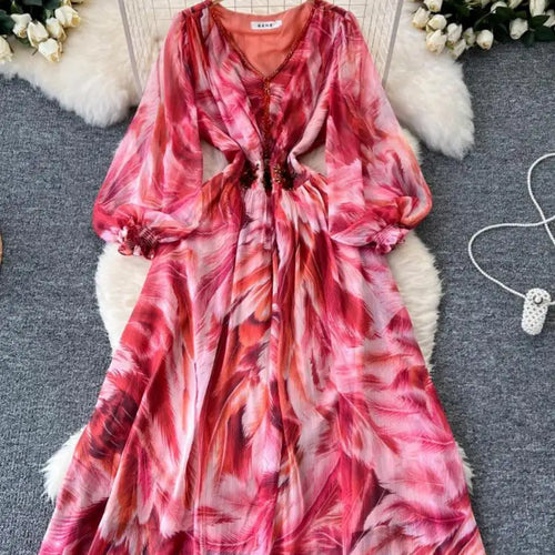 Load image into Gallery viewer, French Women Print Sequin Evening Party Dress Autumn V Neck Elegant Lantern Long Sleeved Temperament Pleated Dress Bohemian Chic
