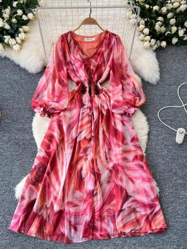 French Women Print Sequin Evening Party Dress Autumn V Neck Elegant Lantern Long Sleeved Temperament Pleated Dress Bohemian Chic