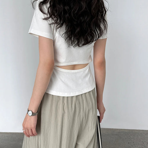 Load image into Gallery viewer, Women Dark Gray Back Hollow Out Casual Slim T-shirt New Round Neck Short Sleeve Fashion Tide Spring Summer 2025 1DJ1546
