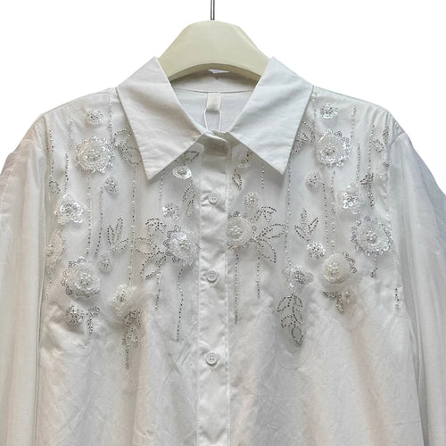 Load image into Gallery viewer, Solid Spliced Diamonds Loose Chic Blouse For Women Lapel Long Sleeve Temperament Shirts Female Fashion Style New
