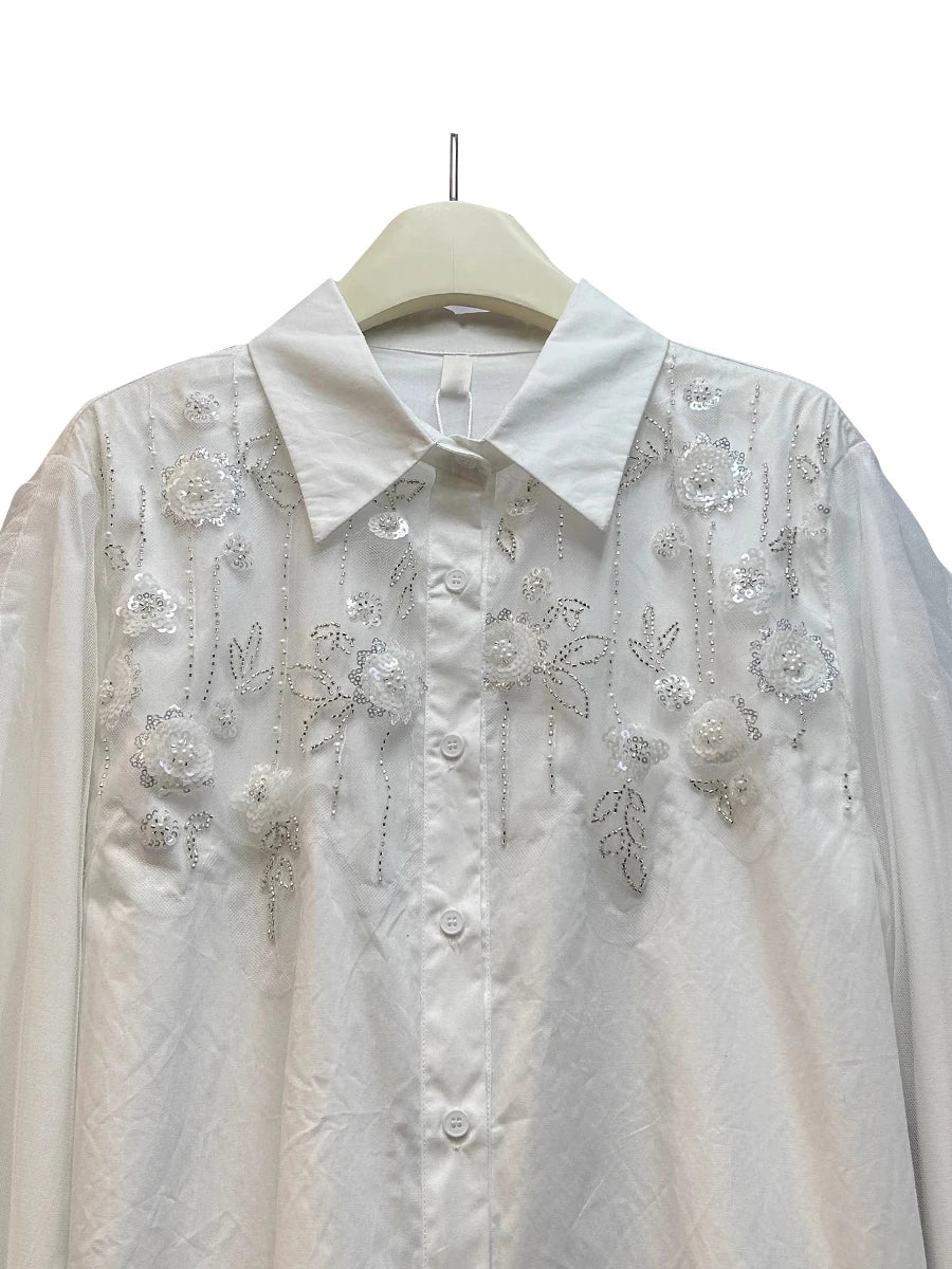 Solid Spliced Diamonds Loose Chic Blouse For Women Lapel Long Sleeve Temperament Shirts Female Fashion Style New