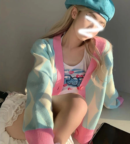 Women Cardigan Knitted Sweater Loose Single Breasted Students V-neck Lovely Knitwear Korean Cardigans Tops Pull Femme