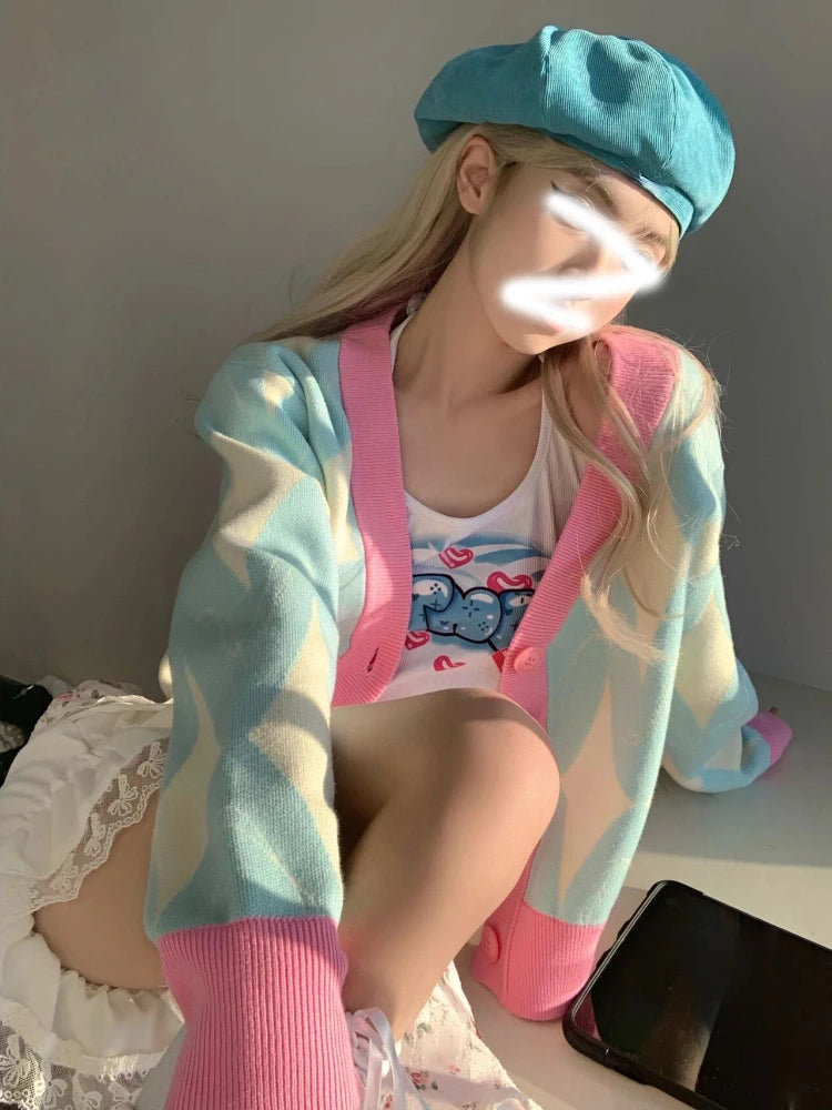 Women Cardigan Knitted Sweater Loose Single Breasted Students V-neck Lovely Knitwear Korean Cardigans Tops Pull Femme