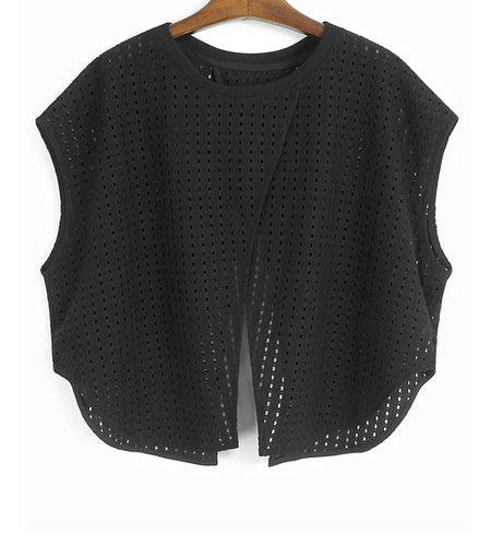 Black Hollow Hollow Out T-shirt Skirt Two Pieces Suit New Round Neck Short Sleeve Women Fashion Spring Summer 2025 1DJ1435