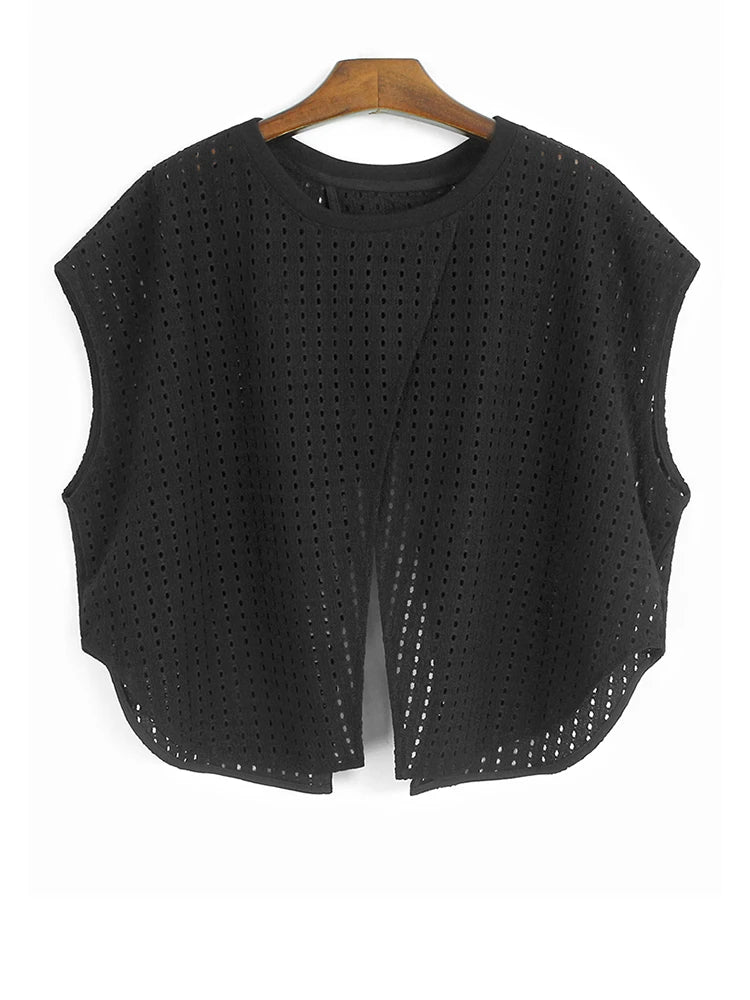 Black Hollow Hollow Out T-shirt Skirt Two Pieces Suit New Round Neck Short Sleeve Women Fashion Spring Summer 2025 1DJ1435