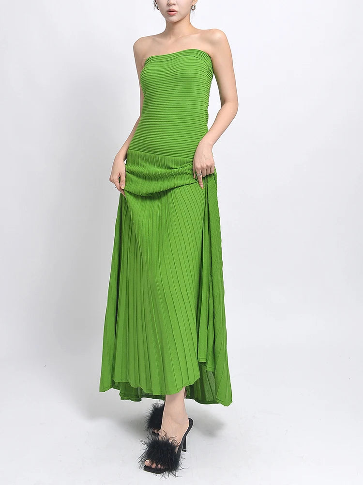 Solid Slimming Sexy Long Dresses For Women Strapless Sleeveless High Waist Spliced Folds Minimalist Dress Female