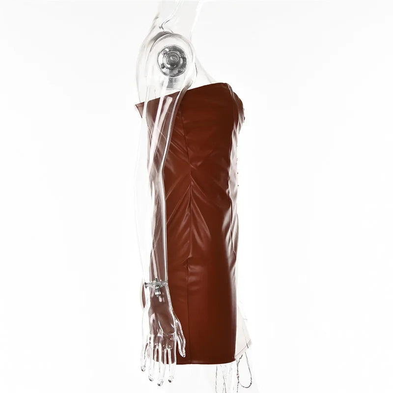 Hollow Out PU Leather Sexy Mini Dresses For Women Strapless Sleeveless Backless Bodycon Party Short Dress Vestido