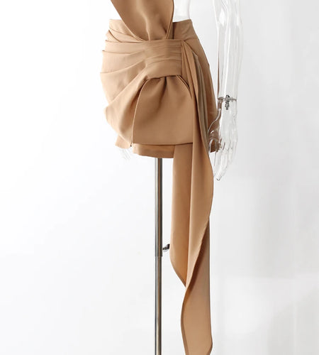 High Waist Khaki Pleated Bandgae Bow Elegant Mini Half-body Skirt Women Fashion Tide New Spring Autumn 2025 7AB8038