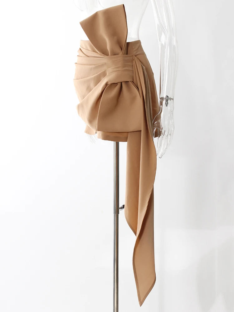 High Waist Khaki Pleated Bandgae Bow Elegant Mini Half-body Skirt Women Fashion Tide New Spring Autumn 2025 7AB8038