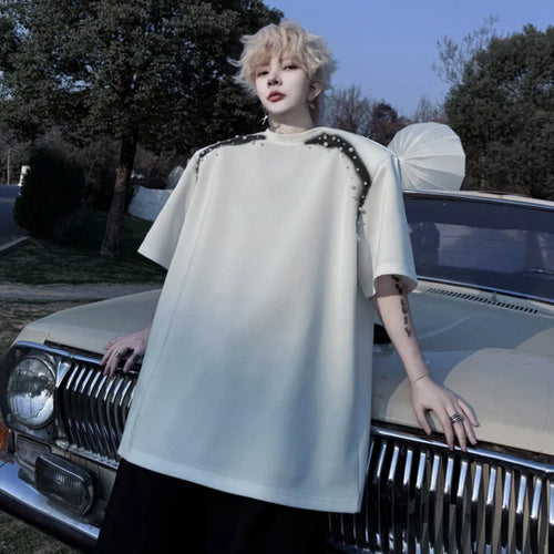 Load image into Gallery viewer, Summer New T-shirts Spray Painted Nail Bead Decoration Loose Round Neck Men&#39;s Short Sleeve T-shirt Patchwork Tees 9W1497
