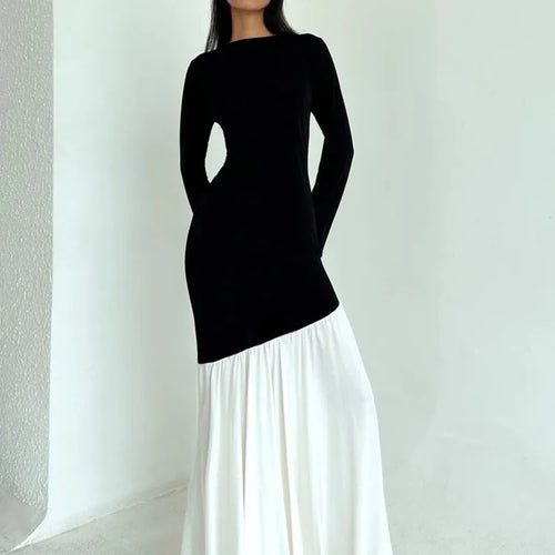 Load image into Gallery viewer, Fashion Long Sleeved Patchwork Bodycon Women Dress Round Neck Slim Elastic Autumn Winter New 2024 Pleated Maxi Vestido
