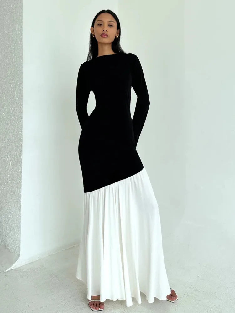 Fashion Long Sleeved Patchwork Bodycon Women Dress Round Neck Slim Elastic Autumn Winter New 2024 Pleated Maxi Vestido