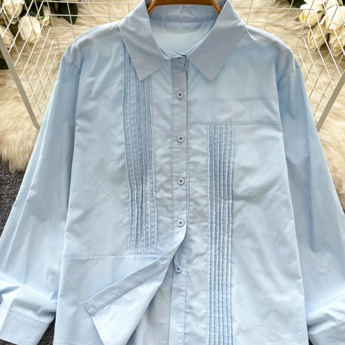 Load image into Gallery viewer, Spring Solid Single Breasted Long Sleeved Holiday Cardigan Shirt Women Loose Versatile Office Lady Pleated Blouse Simplicity New
