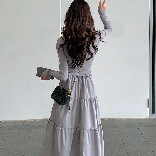 Load image into Gallery viewer, Autumn Gray Elegant High Waist Evening Party Dresses Women Long Sleeve Off Shoulder Sexy Club Pleated Long Dress French Popular
