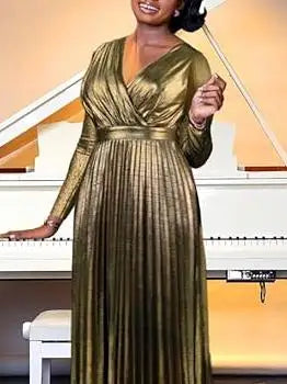 Elegant Women's Banquet Prom 2025 Fall Winter V-Neck Pleated Long Sleeves Dress Wedding Prom Cocktail Party Long Dress