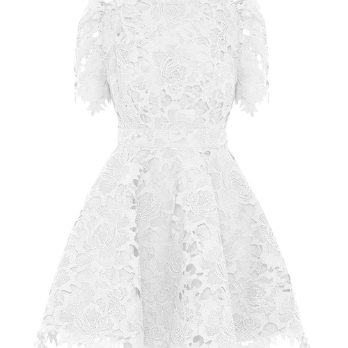 Load image into Gallery viewer, Solid Embroidery Elegant Dresses For Women Stand Collar Short Sleeve High Waist Spliced Lace Hollow Out A Line Dress Female
