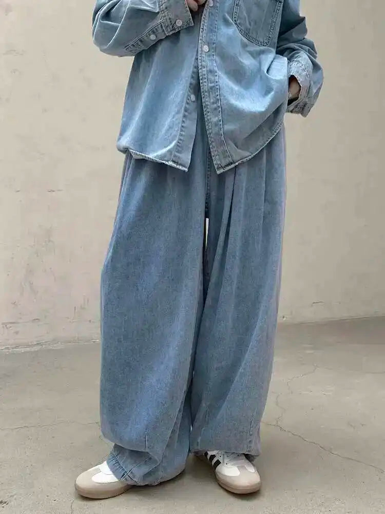 High Waist Light Blue Pocket Brief Long Denim Wide Leg Jeans New Women Trousers Fashion Tide Spring Autumn 2025 1DH8364
