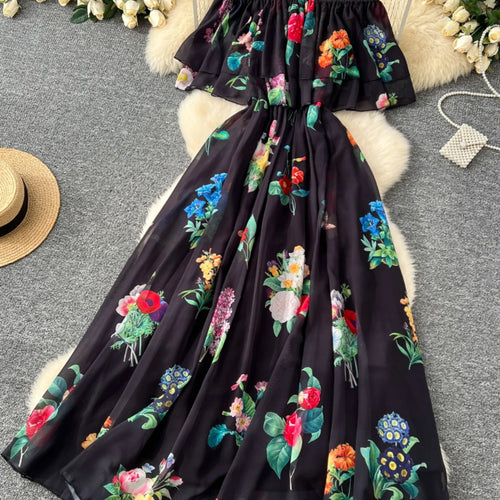 Load image into Gallery viewer, Women Black Flower Vacation Temperament Long Dress Summer White Print Off Shoulderslim High Waist Party Dress Popular Robe Boho

