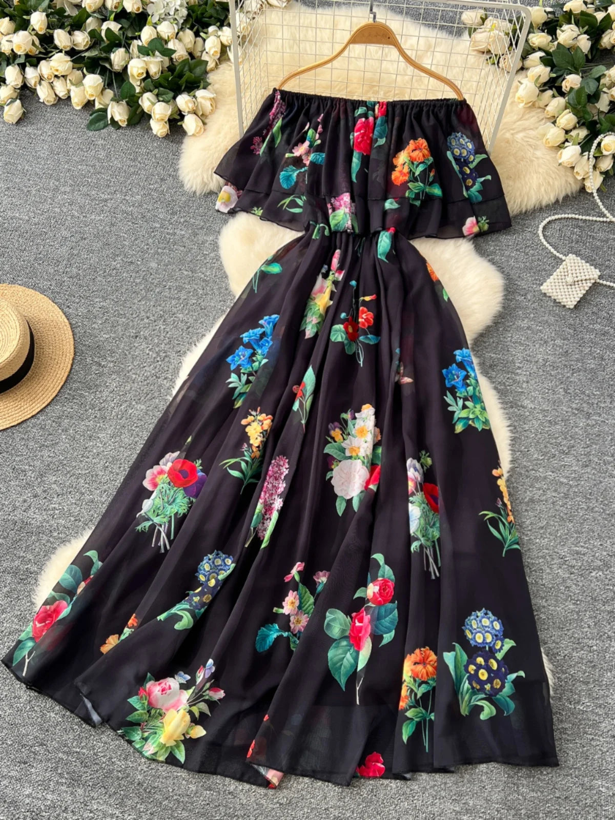 Women Black Flower Vacation Temperament Long Dress Summer White Print Off Shoulderslim High Waist Party Dress Popular Robe Boho