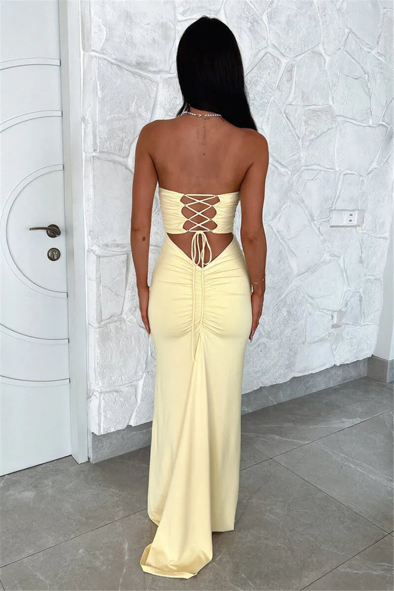 Strapless Backless Lace-up Maxi Dress For Women Summer New Off-shoulder Sleeveless Bodycon Club Party Long Dress