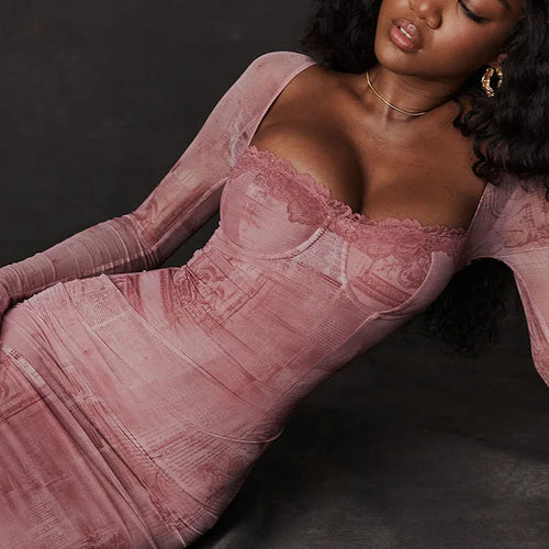 Load image into Gallery viewer, Square Collar Long Sleeve Print Sexy Midi Dress Women Autumn Winter New Bodycon Long Dresses Elegant Club Party Dress
