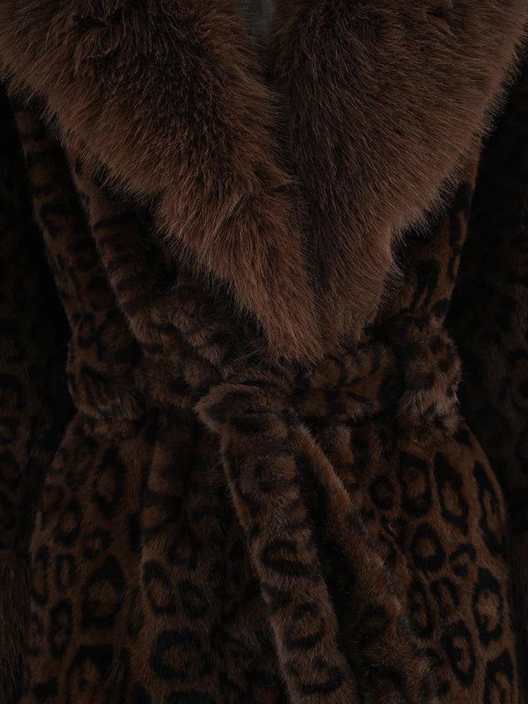 Brown Leopard Big Size Warm Faux Fur Jacket New Lapel Long Sleeve Women Coat Fashion Tide Autumn Winter 2025 CPG2453