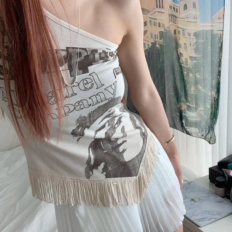 Grunge Print Tank Tops Vintage Irregular Patchwork Camisole Korean Fashion Tassel Design Tops 90s Punk Style Vest Chic