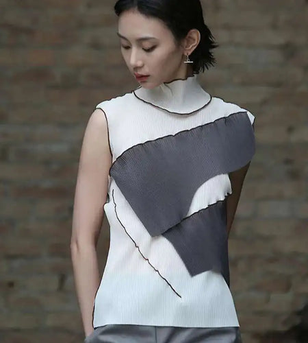 Women White Color-block Pleated High Elastic T-shirt New Turtleneck Sleeveless Fashion Tide Spring Summer  2025 1DF7976