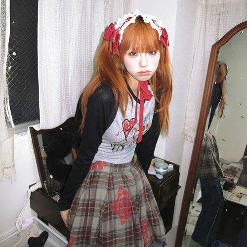 Load image into Gallery viewer, Japanese Y2k Graffiti Print T-shirt Trashy 2000s Style Long Sleeve Patchwork Tops Vintage Harajuku Crop Top American 90s
