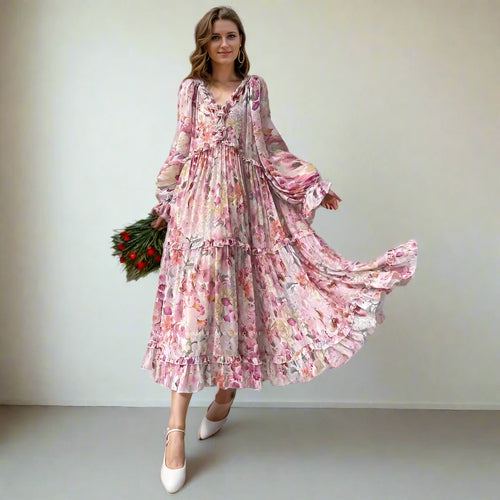 Load image into Gallery viewer, Colorblack Floral Printing Elegant Dresses For Women V Neck Lantern Sleeve High Waist Loose Romantic Long Dress Female New
