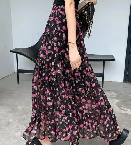 French Vintage Black Floral Ruffled High Waisted Vacation Pleated Long Skirt Women Elegant Party Skirt Clothes Spring Summer New