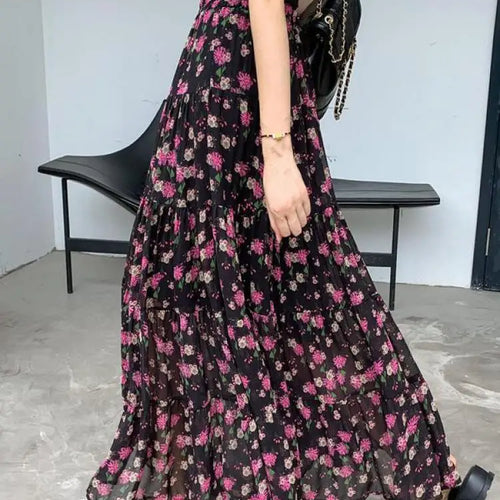 Load image into Gallery viewer, French Vintage Black Floral Ruffled High Waisted Vacation Pleated Long Skirt Women Elegant Party Skirt Clothes Spring Summer New
