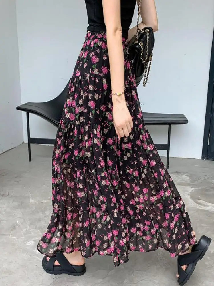 French Vintage Black Floral Ruffled High Waisted Vacation Pleated Long Skirt Women Elegant Party Skirt Clothes Spring Summer New