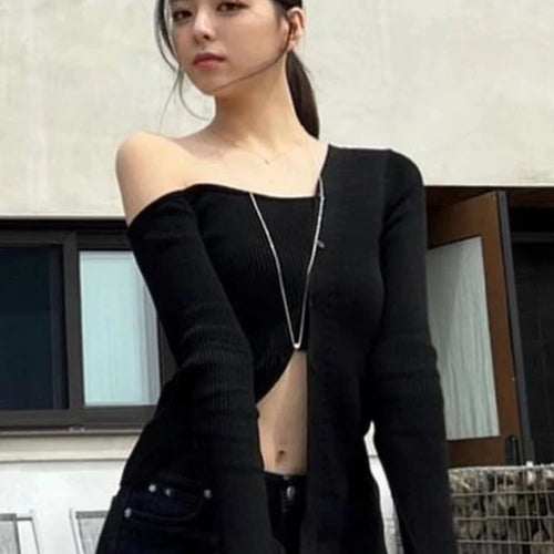 Load image into Gallery viewer, Autumn Knitted Slash Neck Off Shoulder T-shirts Slim Single Breasted Slim Fit Tops Women Black Sexy Y2k Aesthetic Grunge Tees
