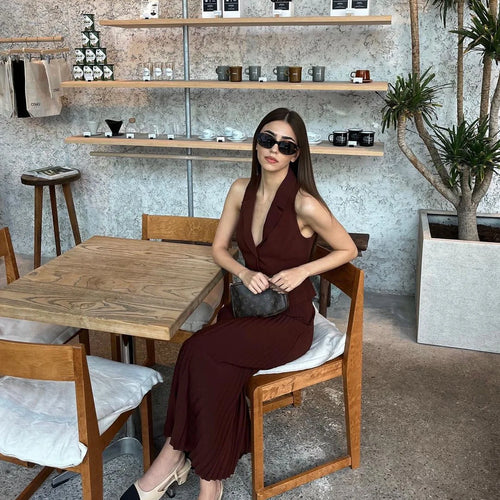 Load image into Gallery viewer, Fashion Skirt Two Piece Sets Women Notched Collar Sleeveless Crop Tops And Midi Skirt Femme Elegant Pleated Skirt Sets
