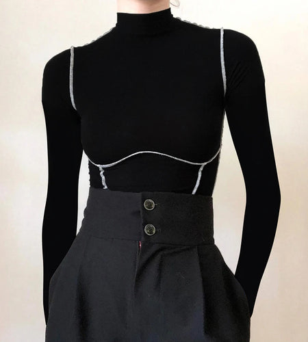 Harajuku Skinny Stand Collar Female T-shirt Stitching Line Autumn Tops Casual Vintage Clothes Basic Tee Pullover