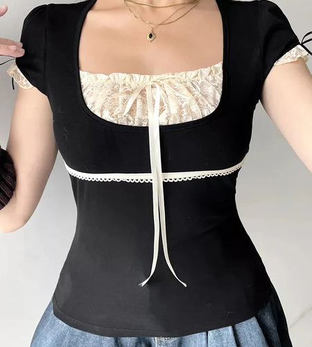Y2k Lace Trim Crop Top Bow Cute Sweet Tee Short Sleeve Harajuku Casual T Shirt Women Prepply Retro Korean Top Summer