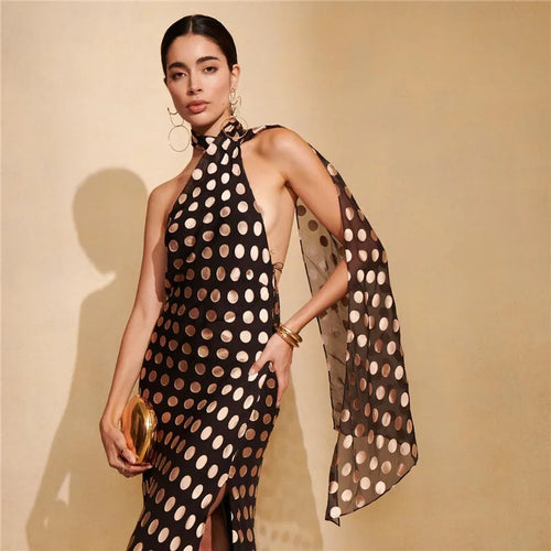 Load image into Gallery viewer, Round Plaid Printed Maxi Dress For Women Gown Halter Off-shoulder Sleeveless Backless Evening Club Long Dress Elegant
