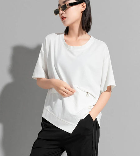 Women Black Zipper Irregular Big Size Casual T-shirt New Round Neck Shoort Sleeve Fashion Tide Spring Summer 2025 1DJ1827