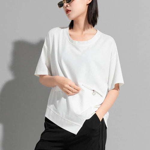 Load image into Gallery viewer, Women Black Zipper Irregular Big Size Casual T-shirt New Round Neck Shoort Sleeve Fashion Tide Spring Summer 2025 1DJ1827
