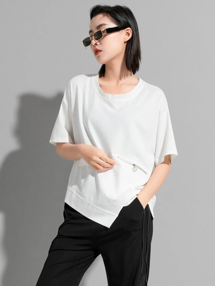 Women Black Zipper Irregular Big Size Casual T-shirt New Round Neck Shoort Sleeve Fashion Tide Spring Summer 2025 1DJ1827