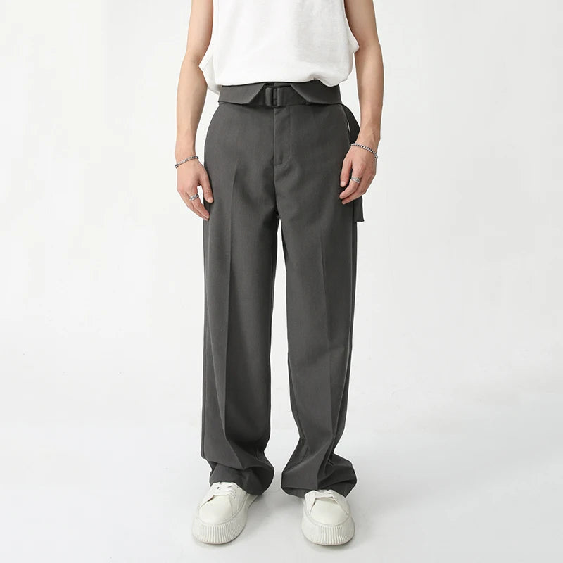 Minimalist Men's Suit Pants Casual Belt High Waist Solid Color Bottom Straight Wide Leg Loose Male Trousers Autumn 9S8