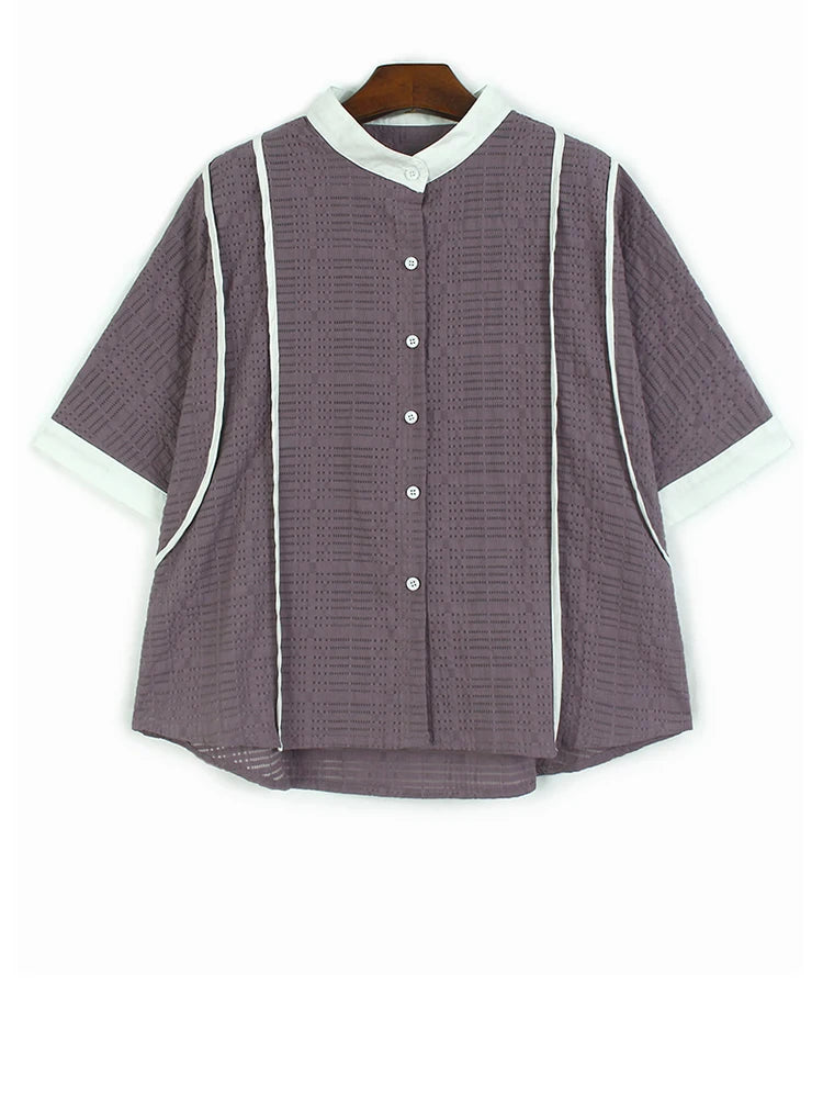 Women Black Color-block Big Size Casual Blouse New Stand Collar Short Sleeve Shirt Fashion Tide Spring Summer 2025 1DJ1108