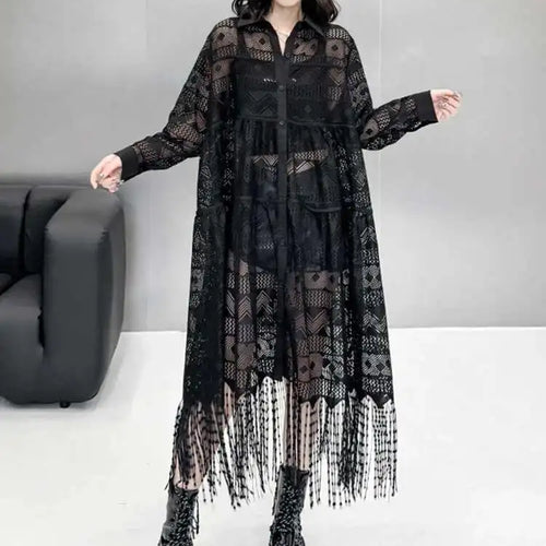 Load image into Gallery viewer, Women Black Lace Jacquard Perspective Big Size Shirt Dress New Lapel Long Sleeve Fashion Tide Spring Autumn 2025 1DH894201
