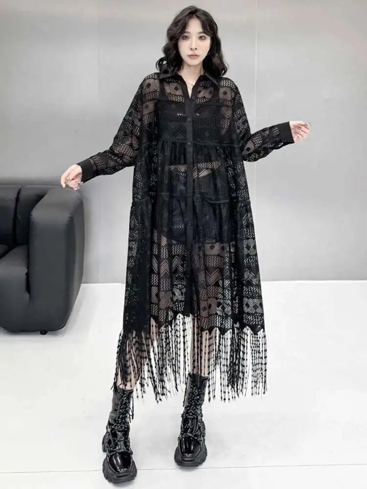 Women Black Lace Jacquard Perspective Big Size Shirt Dress New Lapel Long Sleeve Fashion Tide Spring Autumn 2025 1DH894201