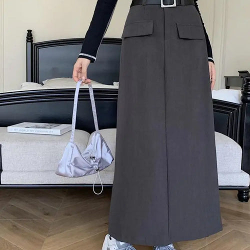 Load image into Gallery viewer, Fashion Black Belt Suit Long Skirt Women Y2k Spring Autumn Brown High Waist Skirts Female 2023 New Grey Casual Skirt Streetwear
